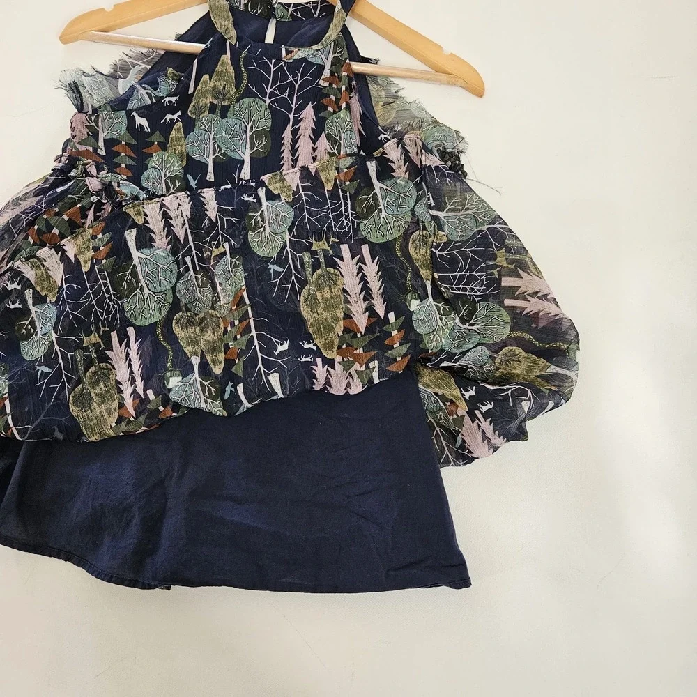 COROLCAT Dress Girls 7/8 Navy Blue Forest Animal Print Halter Tiered Ruffle Boho